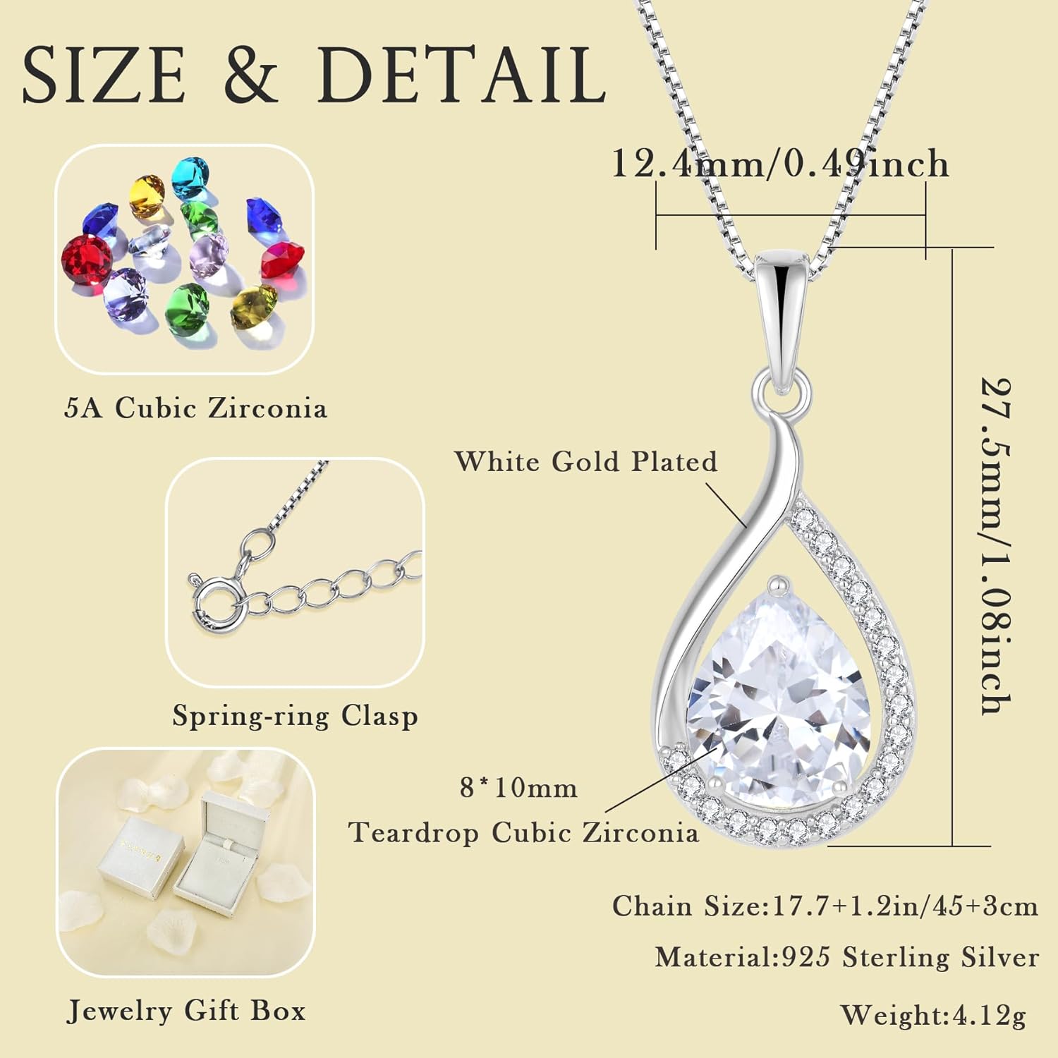 Teardrop Birthstone Necklace for Women 925 Sterling Silver White/Yellow Gold Plated Cubic Zirconia Pendant Necklace Jewelry for Her - Image 6