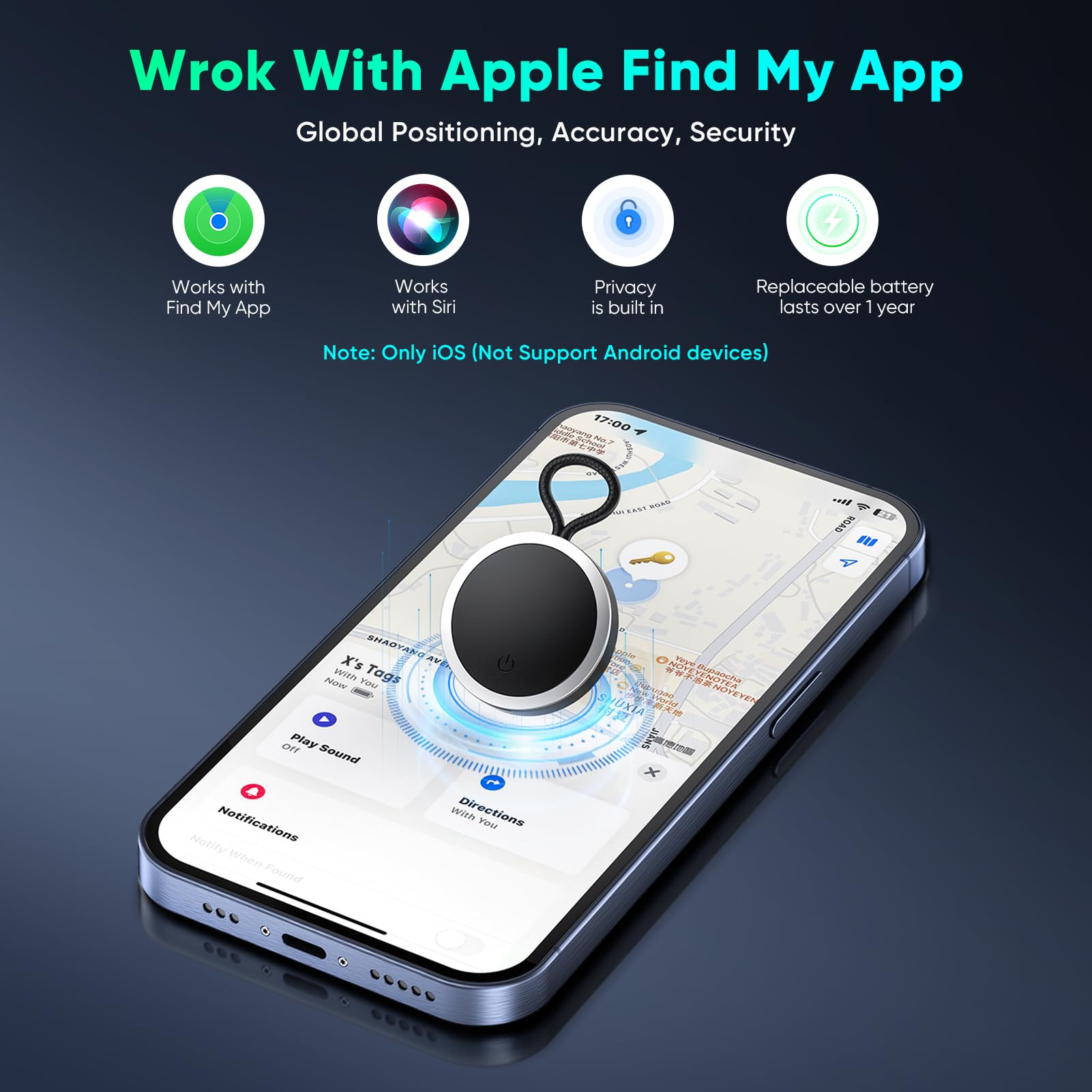 Lot de 4 étiquettes de suivi compatibles avec Apple Find My (iOS uniquement) Bluetooth, localisateur de clés intelligentes et localisateur d'articles avec crochets pour portefeuille, bagages, sac à