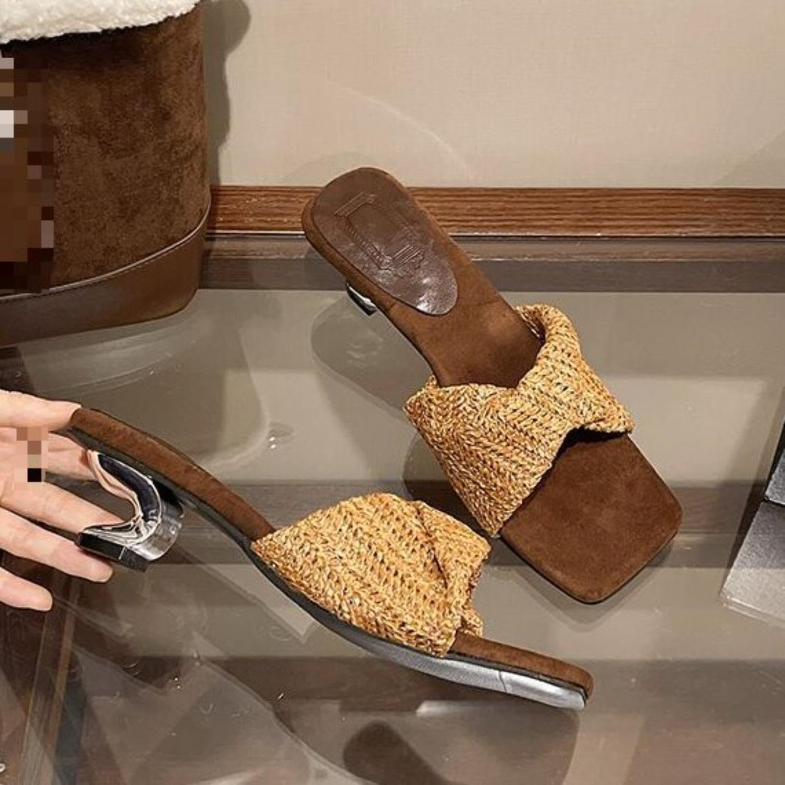 Generico Sandali Mule in Paglia Annodati da Donna | Ciabatte Punta Quadrata Tacco Sagomato Metallico Con Soletta In Raso Design Slip On Per Scarpe Estive Eleganti