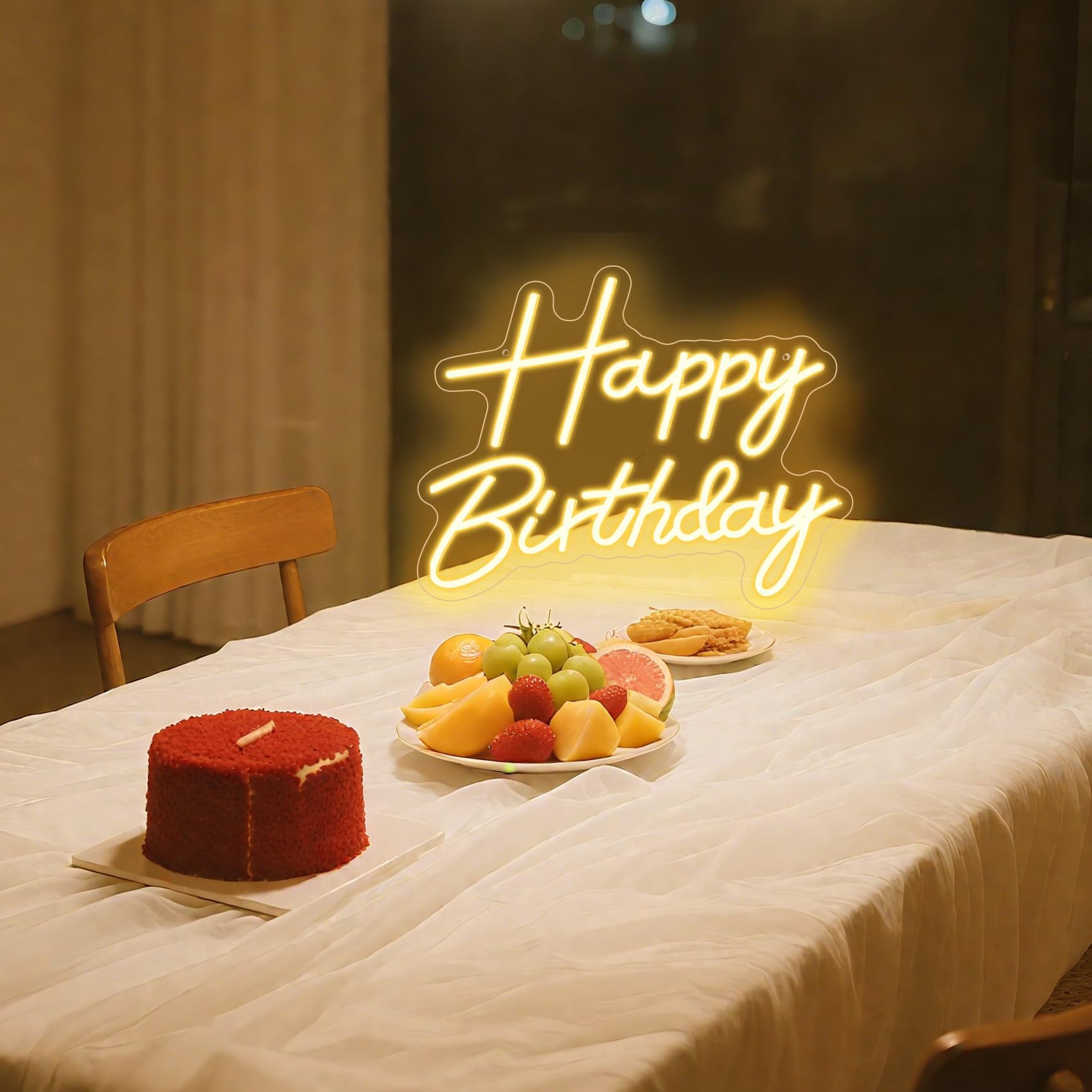 neonowy znak "Happy Birthday" na tle, podświetlany znak LED "Happy Birthday", zasilane przez USB, ściemniane światło neonowe na przyjęcie urodzinowe, dekoracja ścienna, ciepła biel