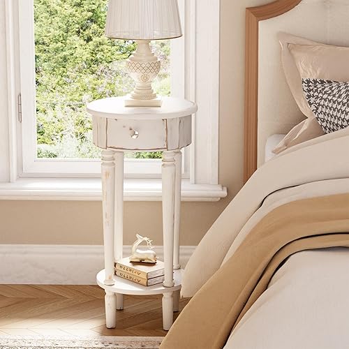 Miniatura 34 de HOMPUS Juego de 2 mesas auxiliares con cajón y estante, juegos de mesitas de noche vintage con cajón de patrones, mesita de noche de grano de 1