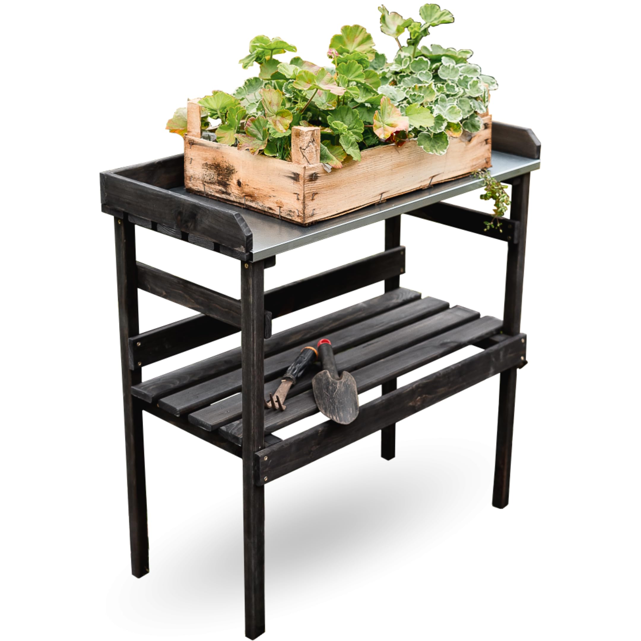 holz4home® Pflanztisch aus Holz mit Zinkplatte I Schwarz mit 2 Ablagen I Gartentisch aus Fichtenholz für Gartenarbeit Innen- & Außen I 78x82x38 cm I Tisch für Gewächshaus Pflanzen Blumentopf umtopfen
