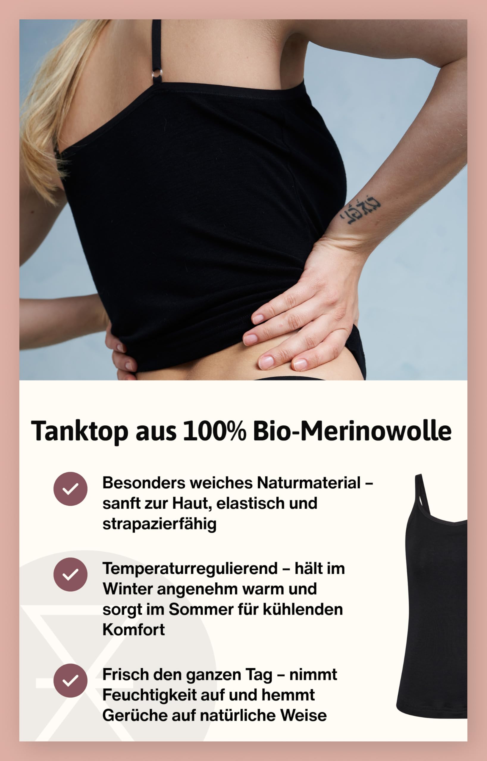 Merino Unterwäsche Damen, 100% Merinowolle Unterhemd, Weich und Atmungsaktives Tank Top, 175 GSM Premium Merino Wolle