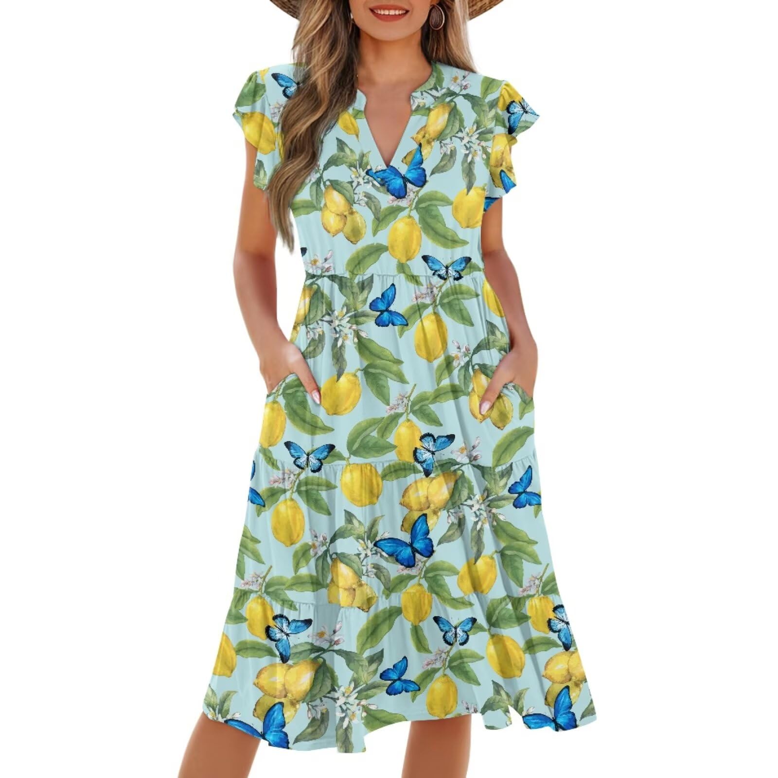 Womens Summer Dress Ruffle Sleeve V Neck Dress Casual Fit Flowy Beach Vacation Sundress with Pocket S-2XL