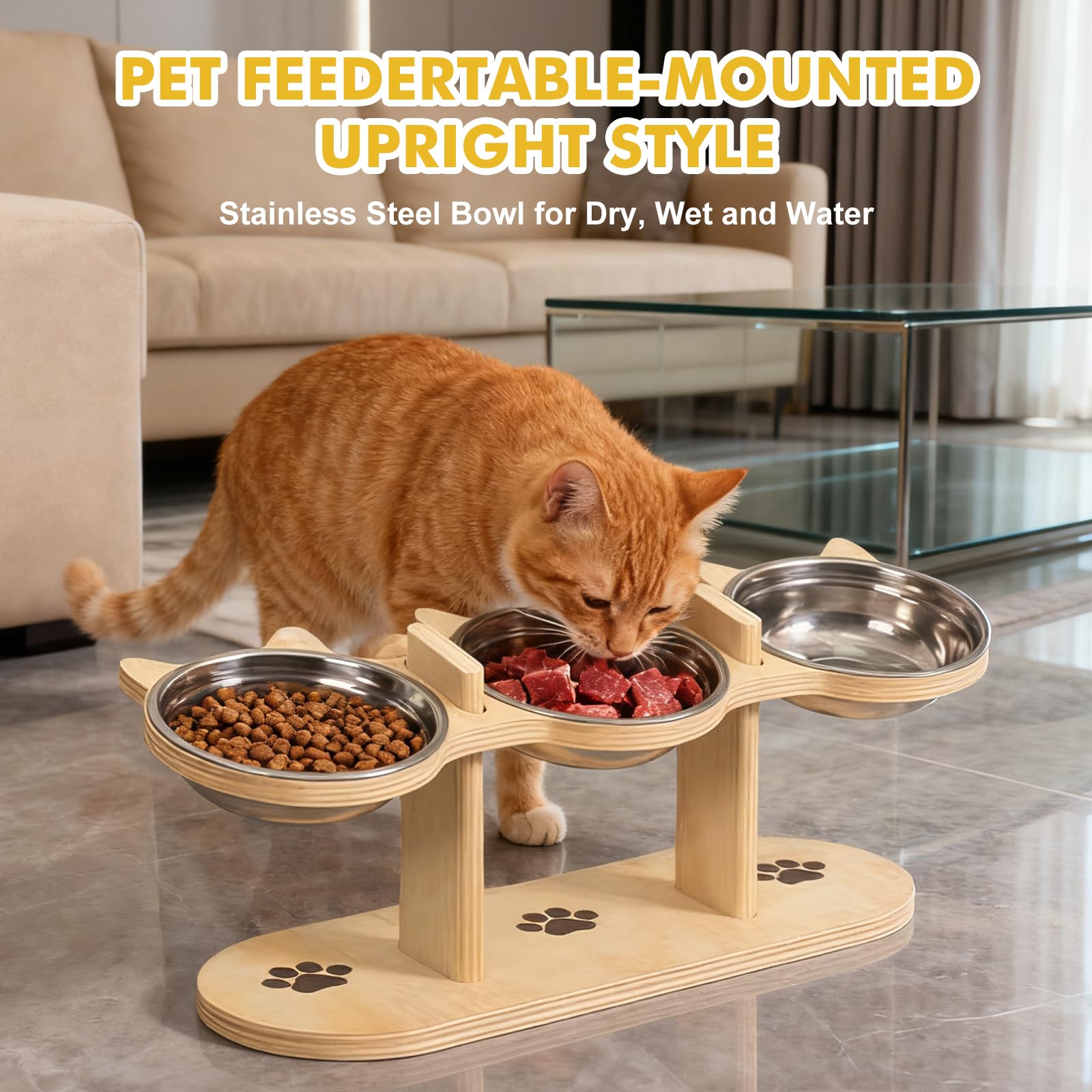 Katzennapf Erhöht, Futterstation Katze, 3 Edelstahlschalen mit Holzständer 15° Geneigter Futternapf Katze Erhöht, Höhenverstellbar Katzen Futterstation für Katzen, Welpen und Kleine Hunde