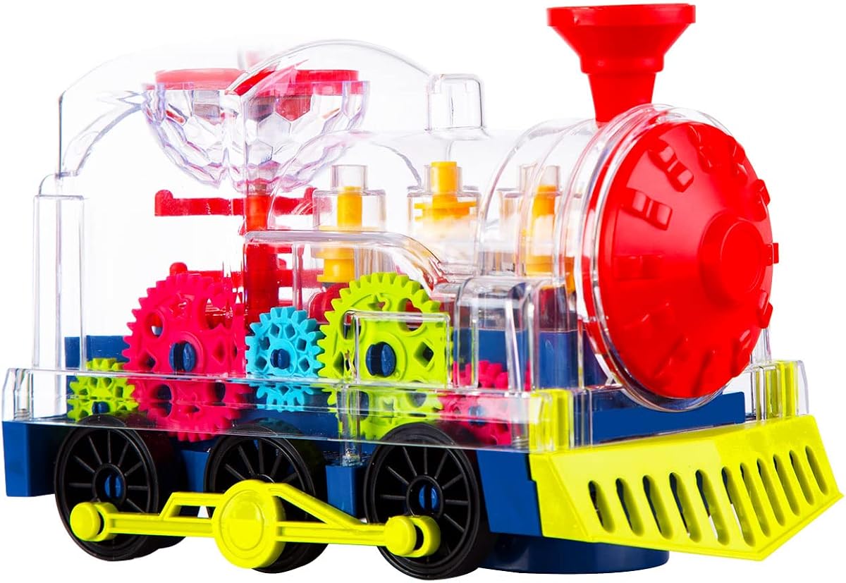 Berry President Juguete de tren de engranaje eléctrico transparente con luces intermitentes y música, juguetes de tren de acción Bump & Go con pilas para niños de 3 4 5 6 años