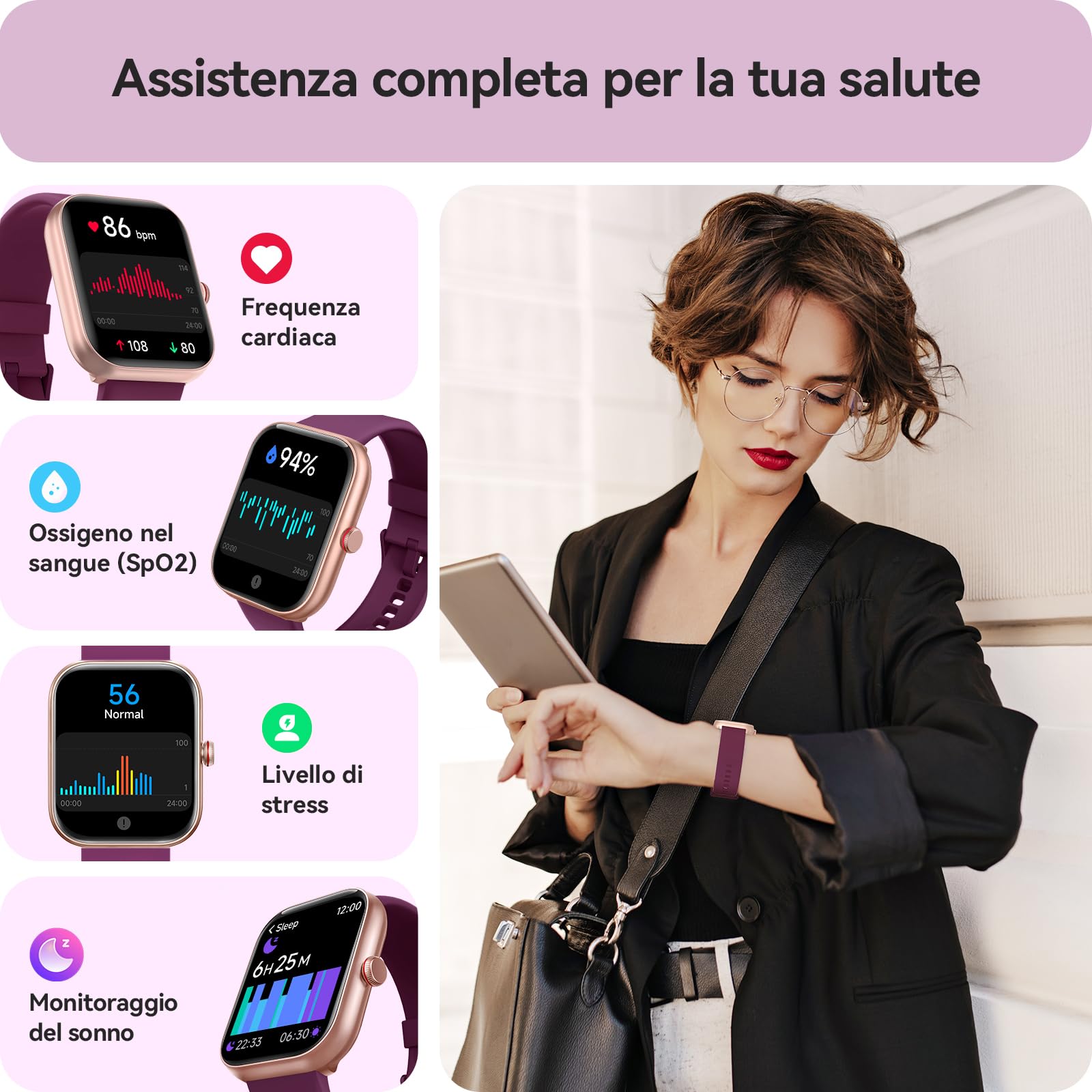 Smartwatch Uomo Donna, 1.91" Orologio Smartwatch con Chiamate Bluetooth e Alexa, Fitness Tracker con Contapassi, Cardiofrequenzimetro/Sonno/SpO2/110 Sportive, IP68 Smart Watch per Android iOS Viola