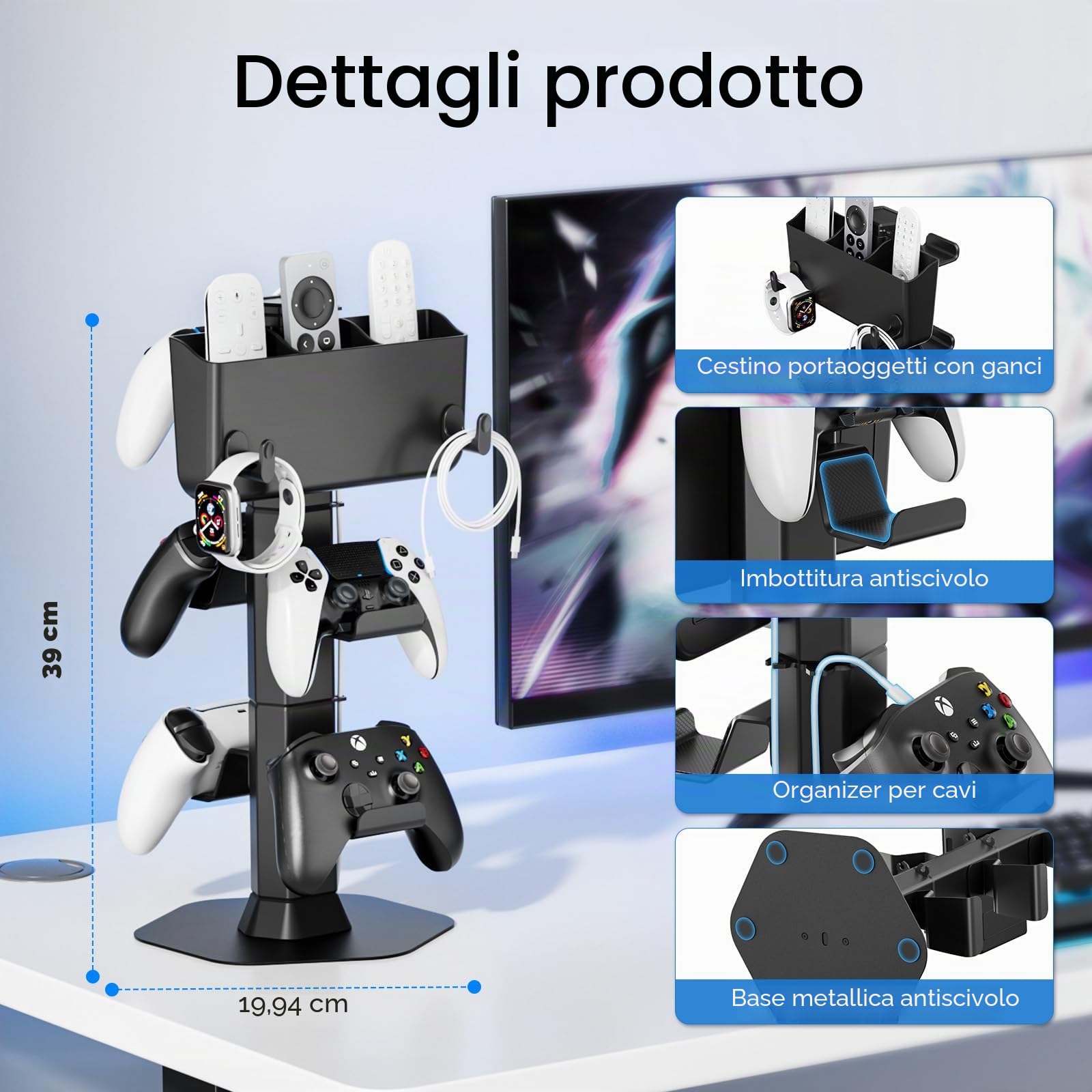 Supporto Controller e Cuffie con Porta Telecomando Condizionatore, Porta Joystick da Scrivania con 2 Ganci (per Orologi/Cavi) Accessori per PS5/PS4/Xbox/Switch, Organizer per Controller e Cuffi