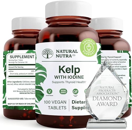 Natural Nutra Kelp Suplemento de yodo, soporte tiroideo, regula el metabolismo, 225 mcg, 100 tabletas
