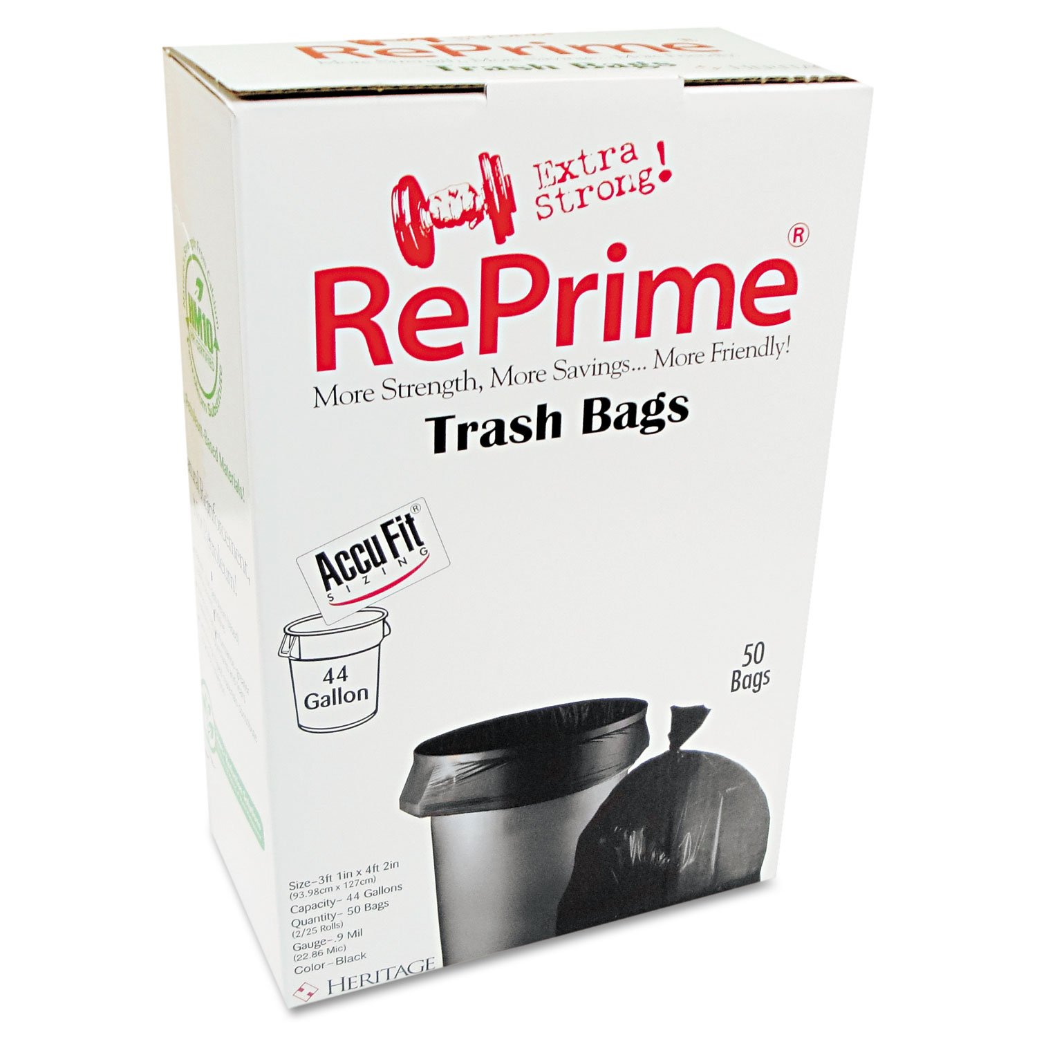 RePrime H7450TKRC1 Can Liners, 44gal, 0.9mil, Black, 37-Inch x 50-Inch, 50/Box