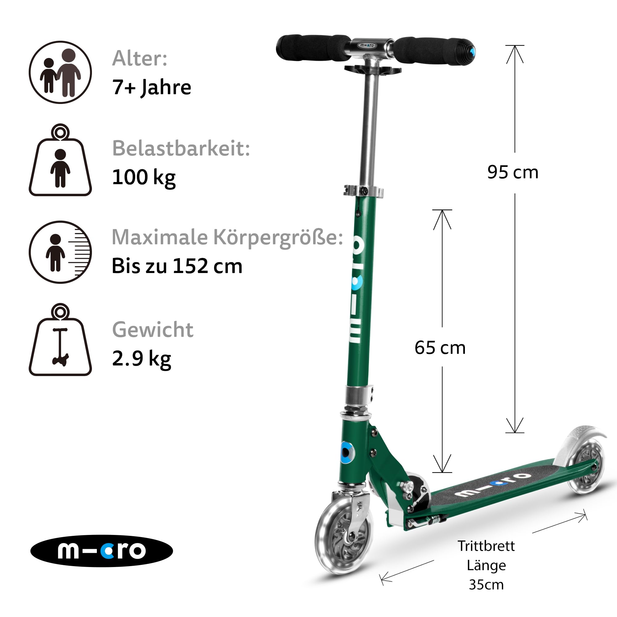 micro™ Sprite LED Kinder Kinderscooter | Cityroller mit LED-Rollen | klappbar und Lenker höhenverstellbar | ab 5 J. | Tretroller in 6 Farben erhältlich