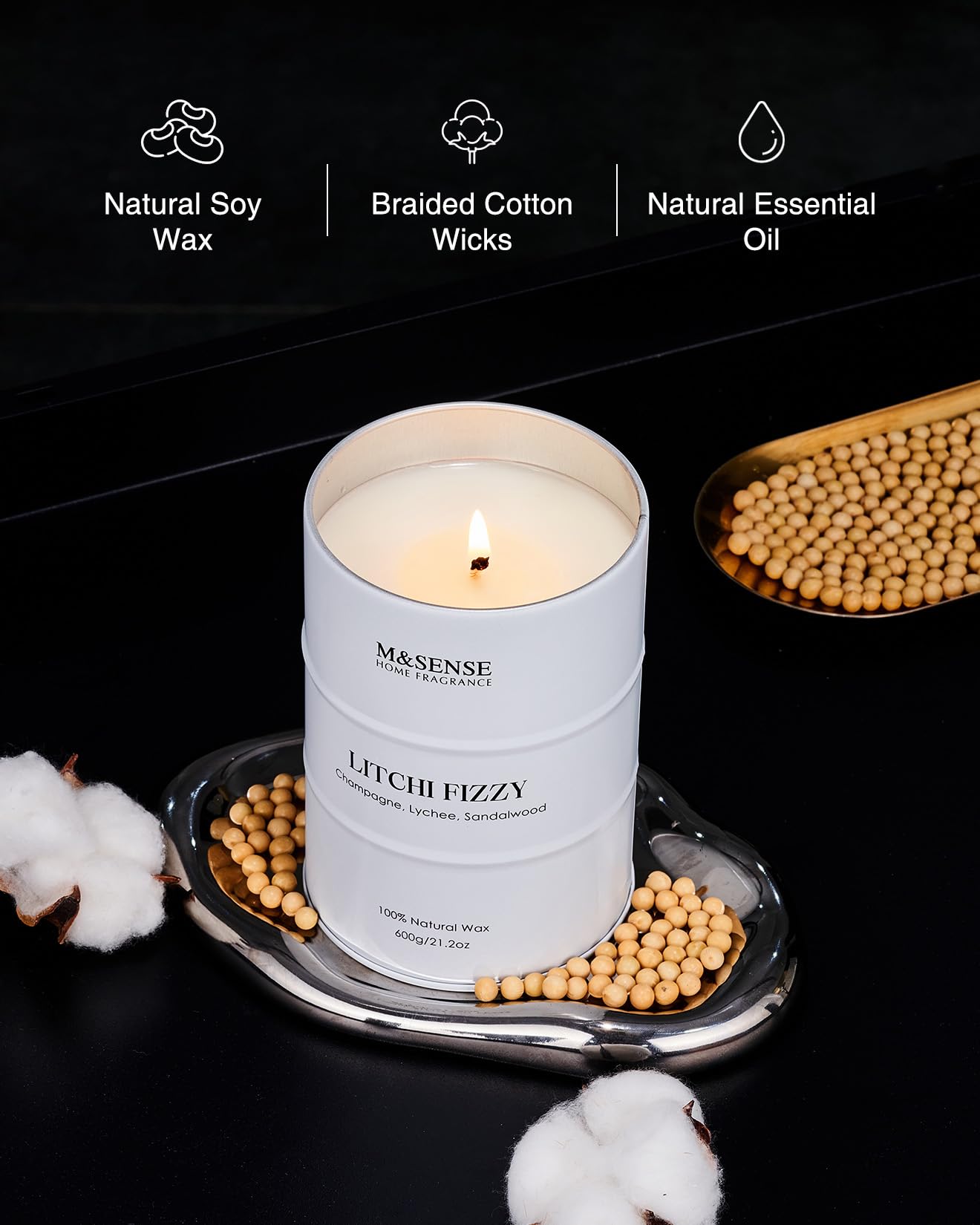 M&SENSE candele profumate grandi di soia Litchi, candela naturale non tossica, regalo compleanno donna, candela rilassante per aromaterapia, regali per donne, mamma e fidanzata, Fino a 120 ore