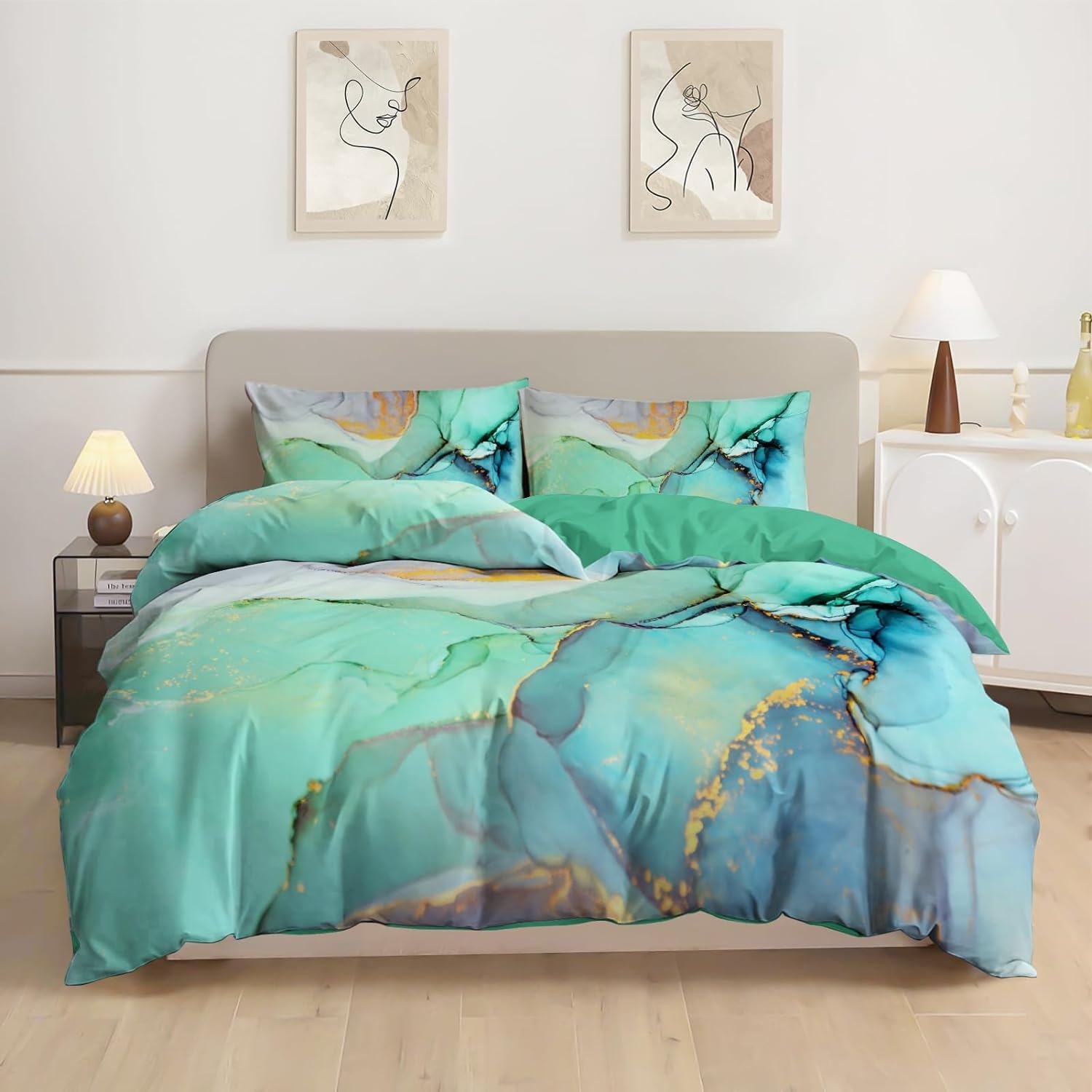 Housse de Couette Microfibre Brossée Douce 220x240 cm Parure de Lit Effet Marbre