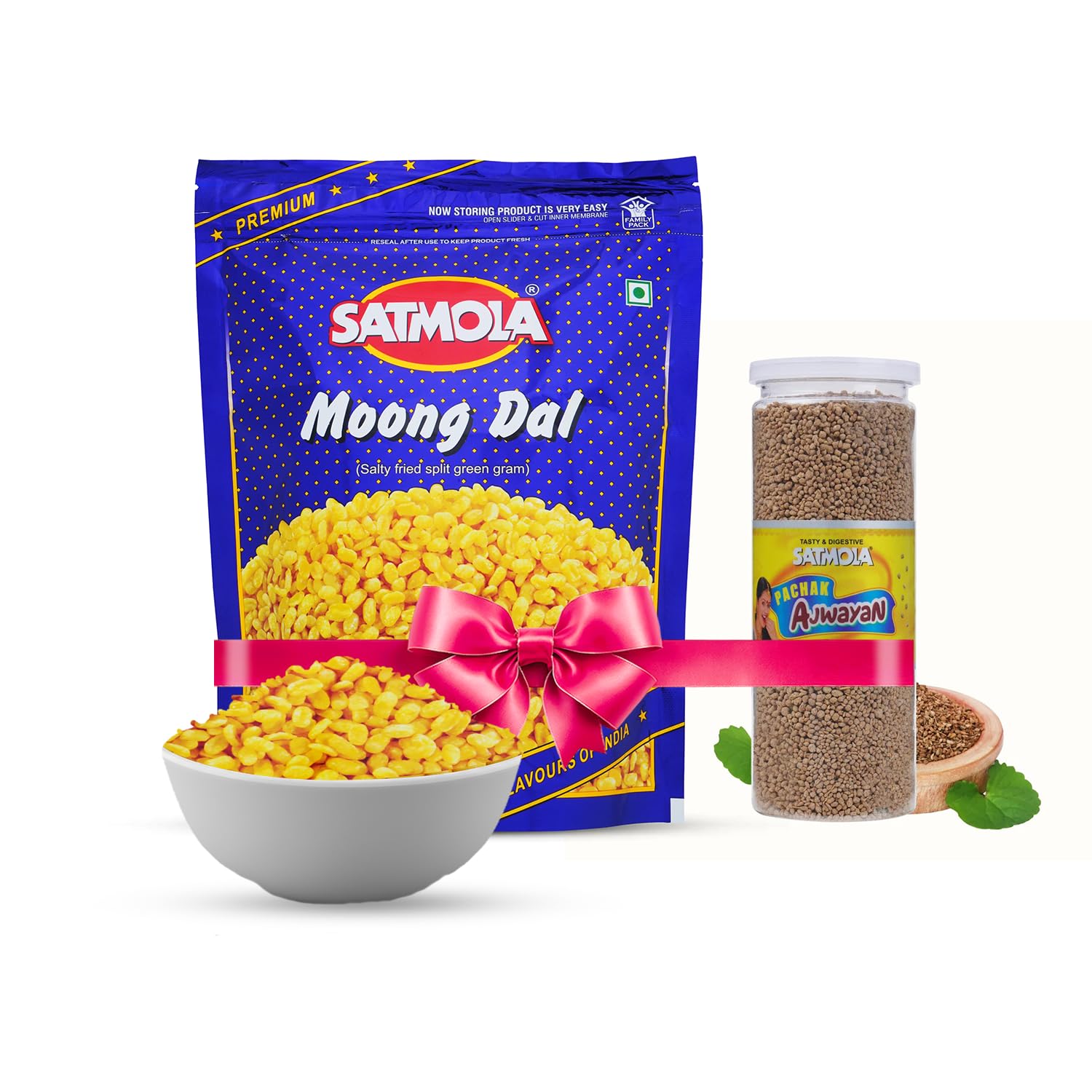 Satmola Festive Gift Hamper Pack of Moong Dal Namkeen (350g) and Digestive Ajwayan Candy (220g) | Deliciously Gift Hamper Set for Diwali Celebration Gift- Pack of 2-image-3