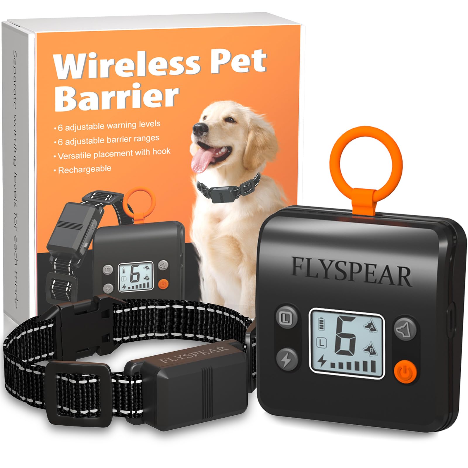 FLYSPEAR Barrera inalámbrica para mascotas, barrera recargable para interiores con 6 radios de rango ajustables de hasta 7 pies, 6 intensidades estáticas seguras ajustables, valla eléctrica para