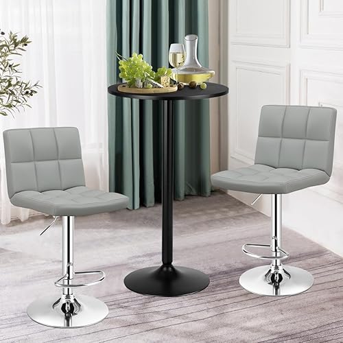 Miniatura 4 de COSTWAY Juego de mesa de bar de 3 piezas, mesa de cóctel redonda y sillas giratorias ajustables de piel sintética, moderno juego de mesa de altura
