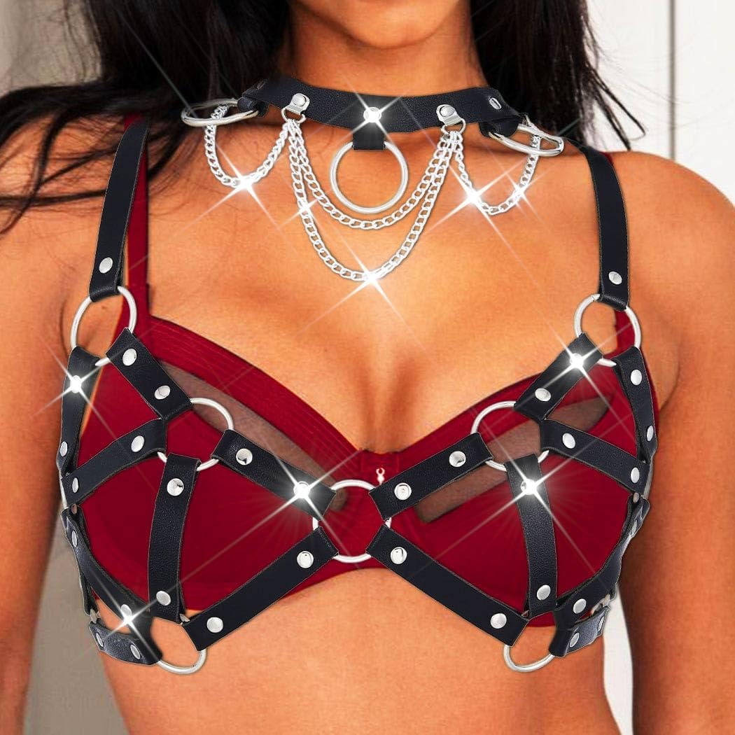 Leather Chest Chain Belt Black Body Harness Gothic Rave Accessories for Women - Image 3