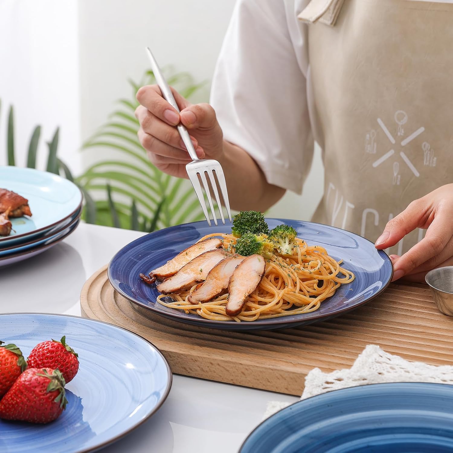 Selamica Ceramic Dinnerware Sets for 6, 18 Pieces Plates and Bowls Set, Scratch Resistant Dishes Set, Handpainted Swirl with Spot Dishwasher & Microwave Safe, Gradient Blue - Image 5