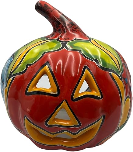 Talavera Calabaza Calabaza Halloween decoración del hogar, pintada a mano, multicolor, arte popular para exteriores e interiores, 6.75 pulgadas