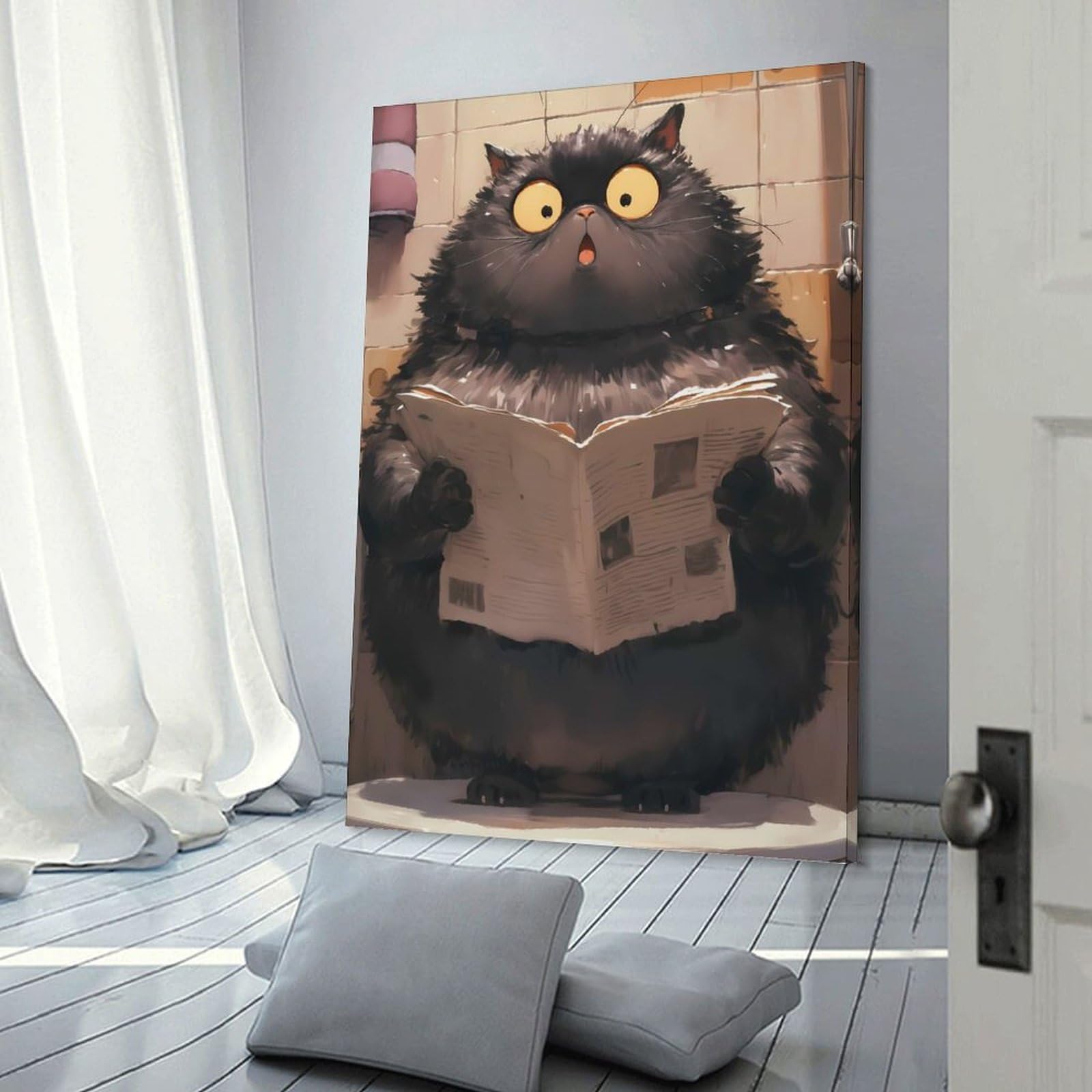 Junmoney Hanging Wall Art Surprised Cat Reading Newspaper, 20x30inch(50x75cm), for Living Room, Bedroom Or Apartment Walls, Decorative Artwork for Empty Walls