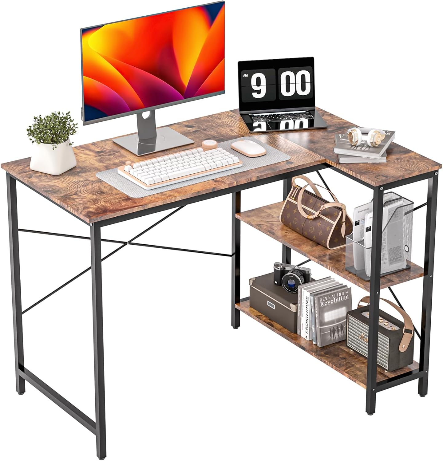 Small Computer Desk,35 Inch L Shaped Desk with Storage Shelves,Gaming Desk,Home Office Corner Reversible Pc Desk,Study Writing Table,Brown 35 Inch Brown