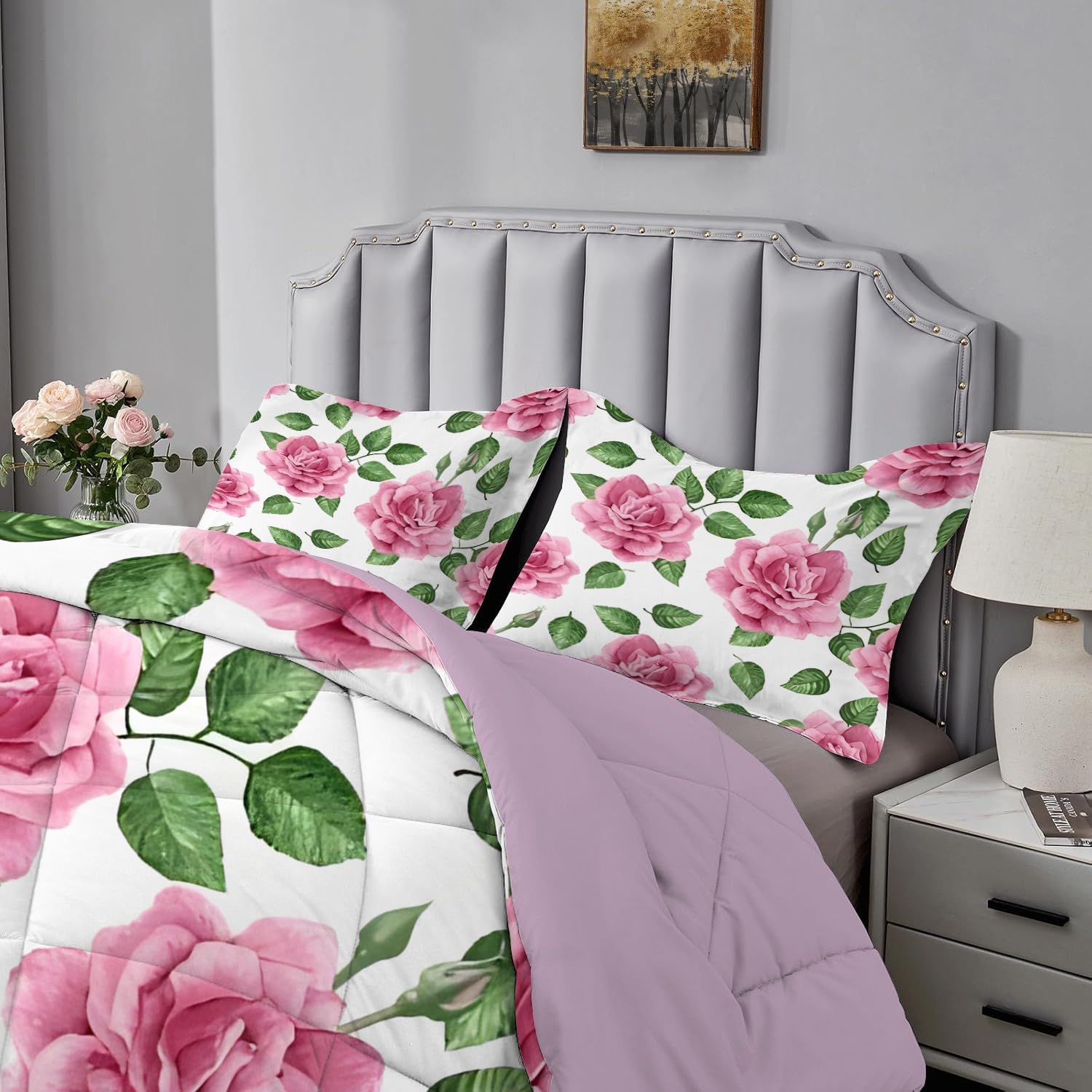 Qiwagu White Duvet Double, Coverless Duvet 7.5 Tog with Pink Floral Pattern, Soft Lightweight Comforter Set for Autumn Summer, 1 Quilt Double 200x200cm with 2 Pillowcases, Machine Washable