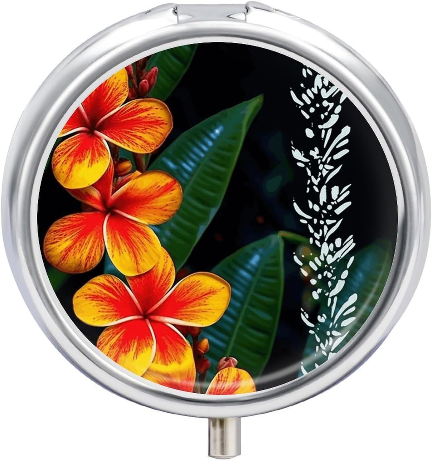 Eye-catching Hawaiian Flowers Pill Box 3 Compartment Portable Round Pill Organizer Leak-Proof Lightweight Daily Compact Travel Pill Case for Vitamins Supplements Medication