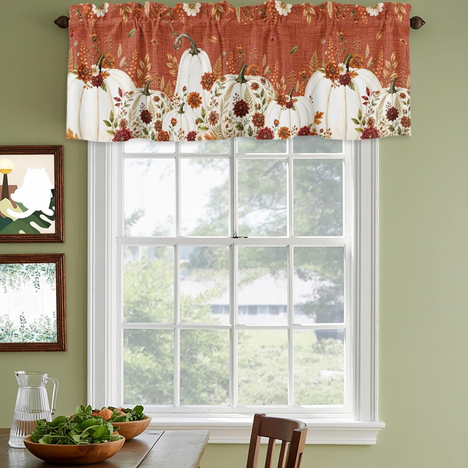 Burnt Orange Fall Valances for Windows, White Pumpkins Thanksgiving Decorative Rod Pocket Window Valance Curtains, Floral Autumn Leaves Curtain Drapes for Kitchen/Bathroom, 2 Panels, 54" W x 18" L