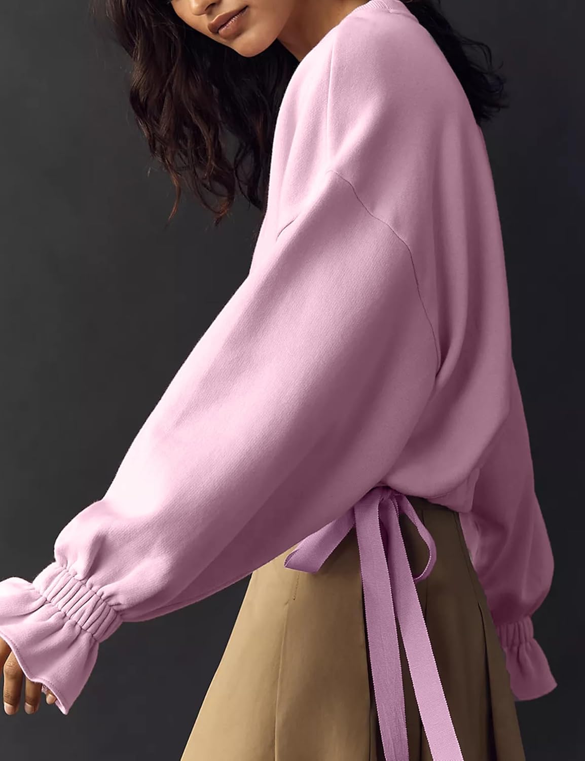 Women's Long Puff Sleeve Sweatshirt Drawstring Hem Crewneck Pullover Loose Solid Casual Tops - Image 4