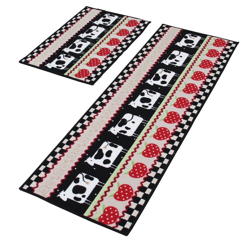 Decorative Kitchen Rugs 2 Pieces Non-Slip Rubber Backing Doormat Runner Area Mats Sets, Cow Design, Black (16x48 inch + 16x24 inch)