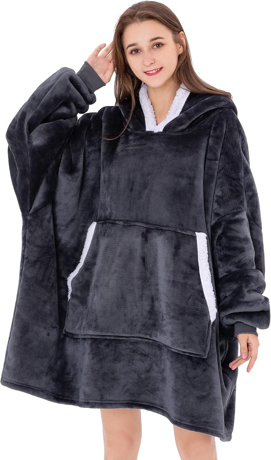 INTLMATE Wearable Hoodie Blanket Oversized Sherpa Sweatshirt Blanket Super Soft Warm Cozy Fleece Hoodie with Deep Pockets and Sleeves for Adults Kids Teen (Dark Grey, 36 inch)