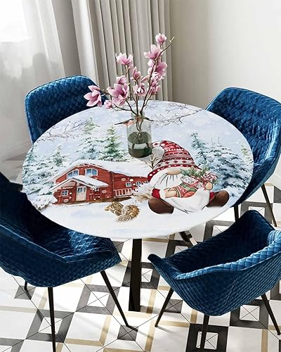 Miniatura 5 de Mantel redondo ajustable de gnomos de Navidad, para invierno, Navidad, bosque de pájaros y granero rojo nevado, impermeable, para interiores y