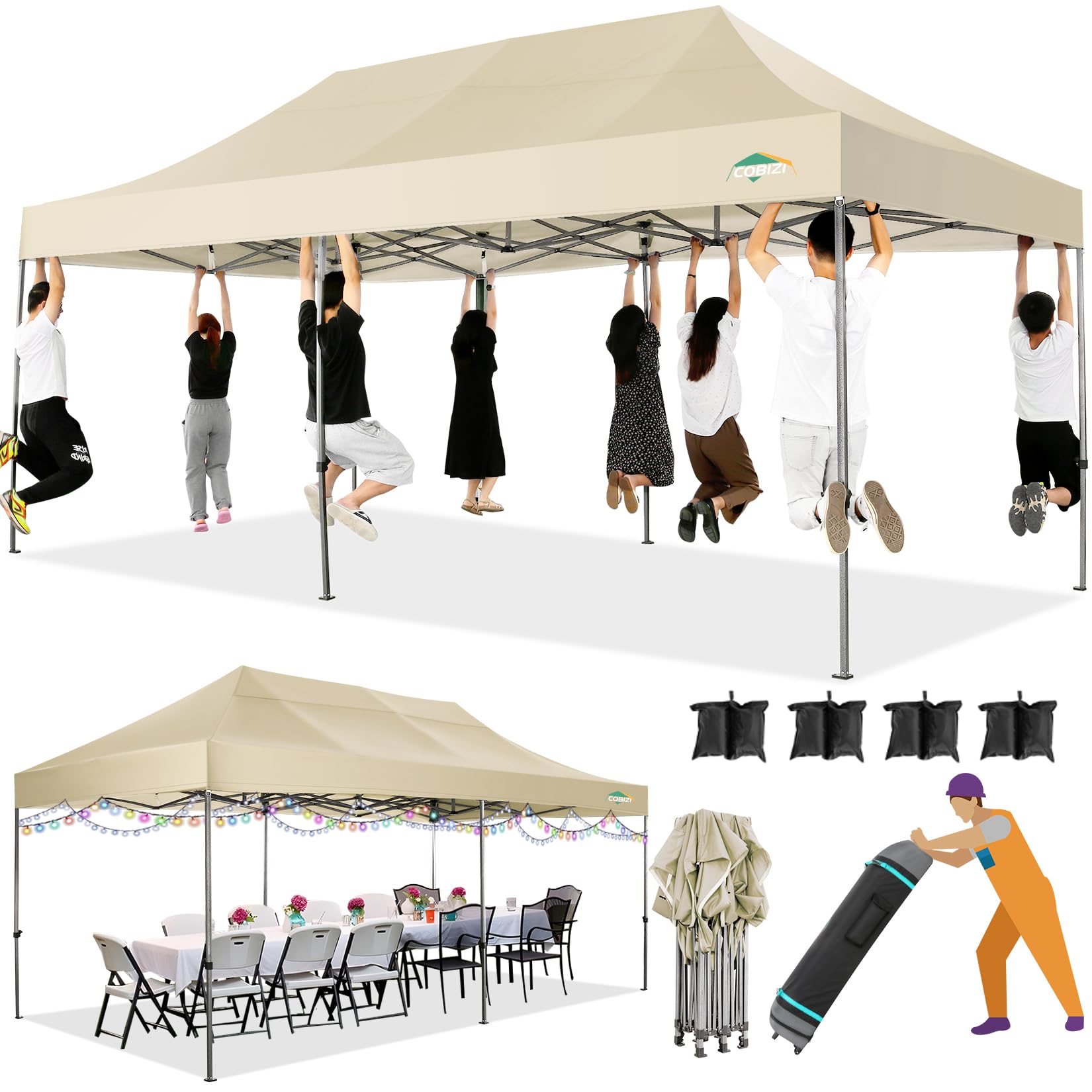 COBIZI 10x20 Heavy Duty Pop up Canopy Tent Without Sidewall Easy Up Commercial Outdoor Canopy Wedding Party Tents for Parties All Season Wind Waterproof Gazebo with Roller Bag,Khaki(Frame Thickened)