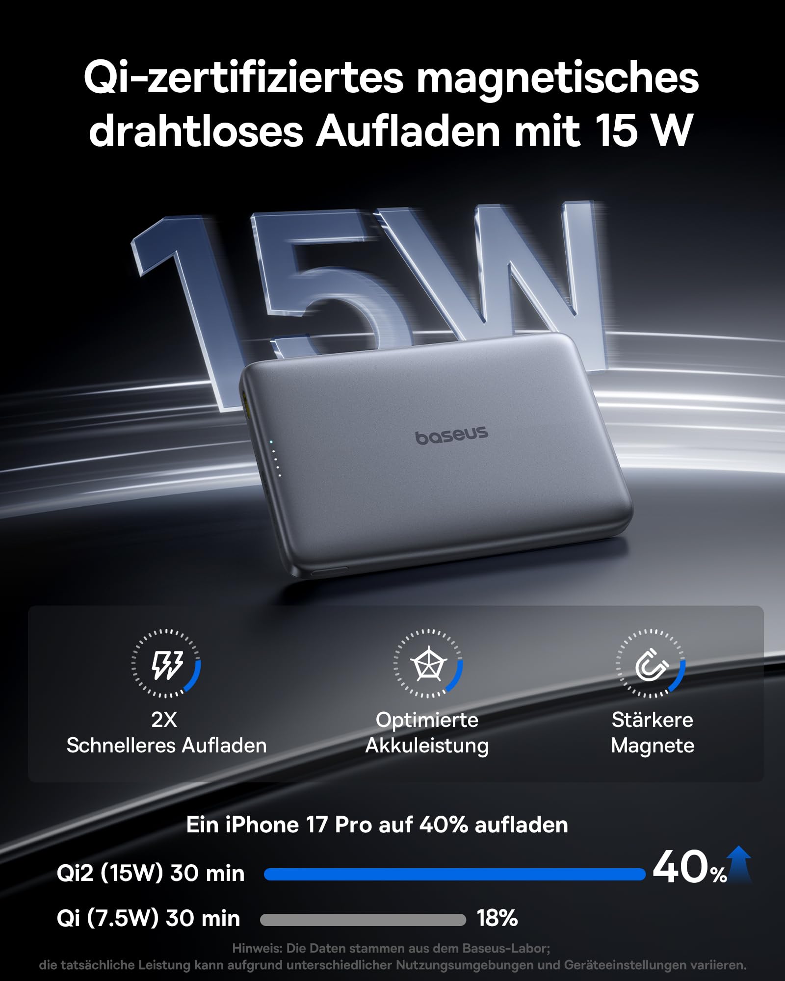 Baseus Picogo AM41 Power Bank, 10000mAh Qi2 Magsafe Powerbank 15W Wireless, Ultra Slim, PD 27W Schnellladung, Magnetische Externe Batterie für iPhone 17/16/15/14/13/12, Grauer