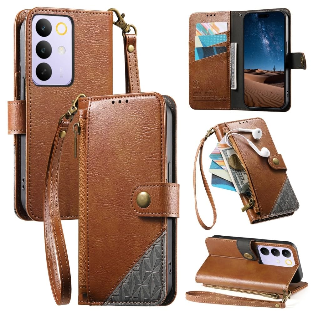 Étui portefeuille Oppo A6 5G et A6S en cuir marron à rabat
