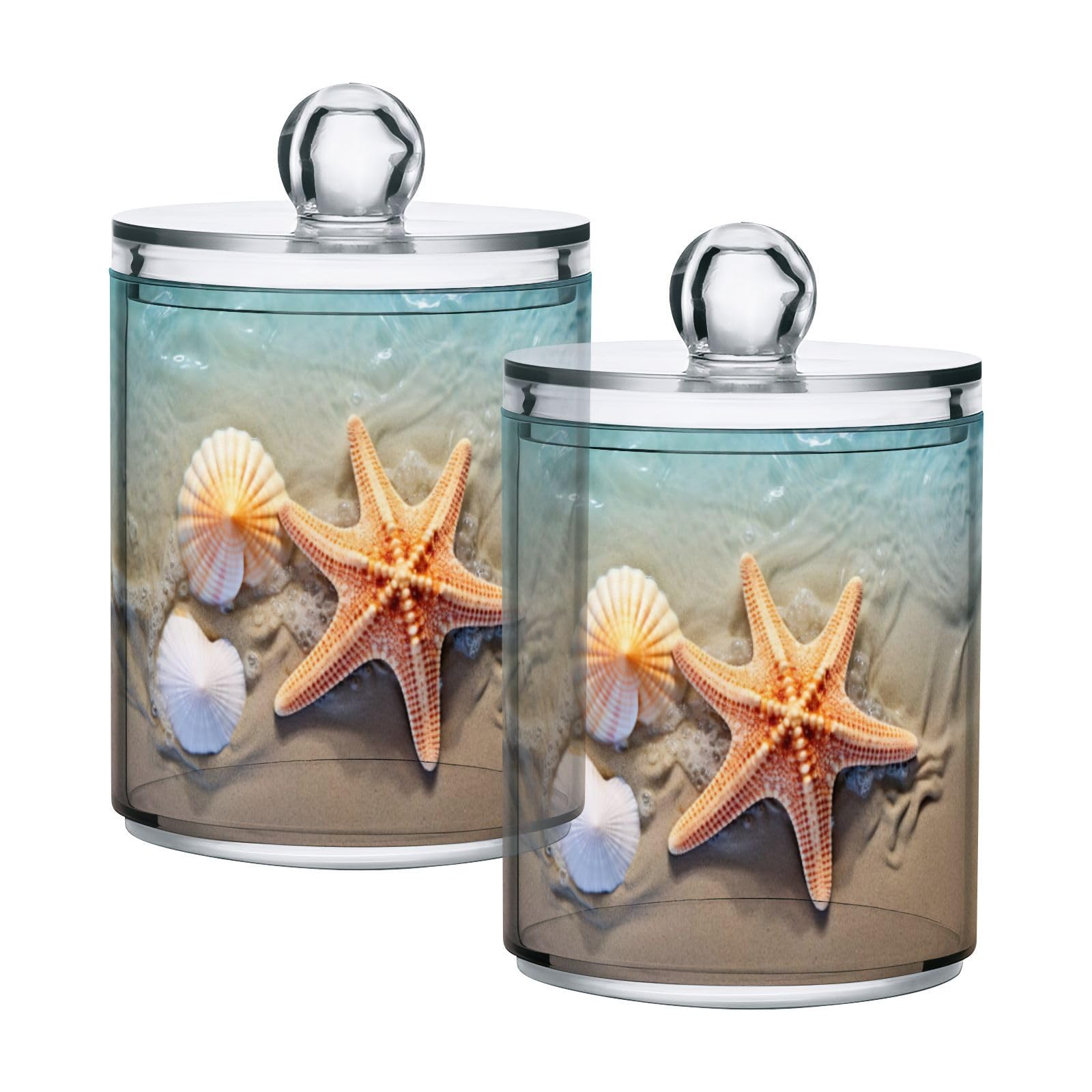 Msyxl 4 Pack Starfish and Seashells Apothecary Jars with Lid, Qtip Holder Storage Containers for Cotton Ball, Swabs, Pads, Clear Plastic Canisters for Bathroom Vanity Organization (10 Oz)