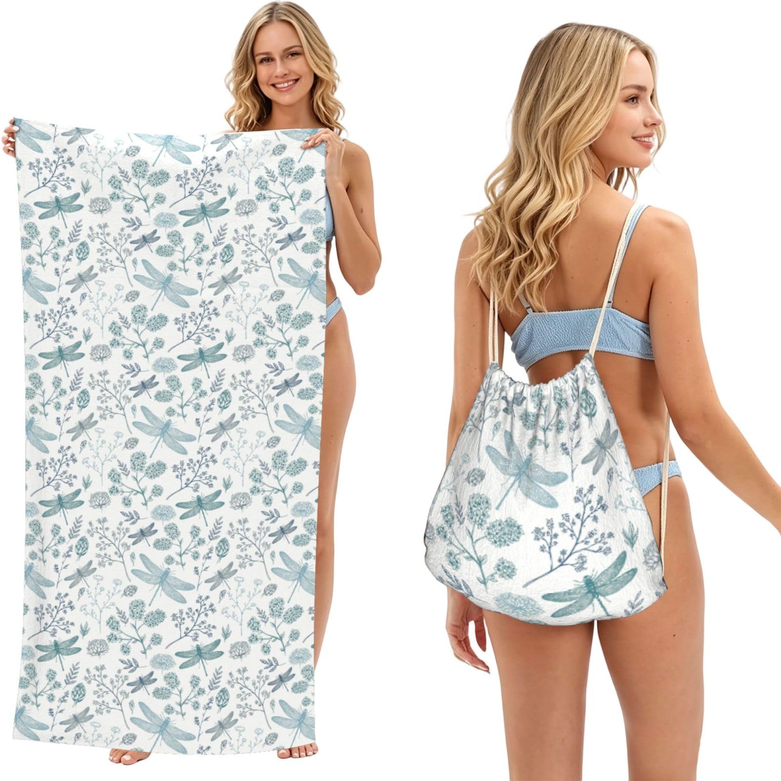 Poadnly As Picture Blue Dragonfly Fern Botanical, 2 In 1 Packable Towel Bag, Beach Towels With Drawstring Backpack For Travel Holiday Camping