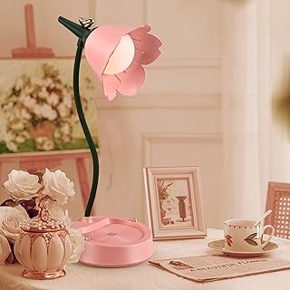 LED Flower Desk Lamp, Cordless Flower Lampshade Table Light with 3 Color Modes, LED Touch Reading Light USB Rechargeable Eye Protection Night Light, Adjustable Gooseneck Eye Caring Lamp(Pink)