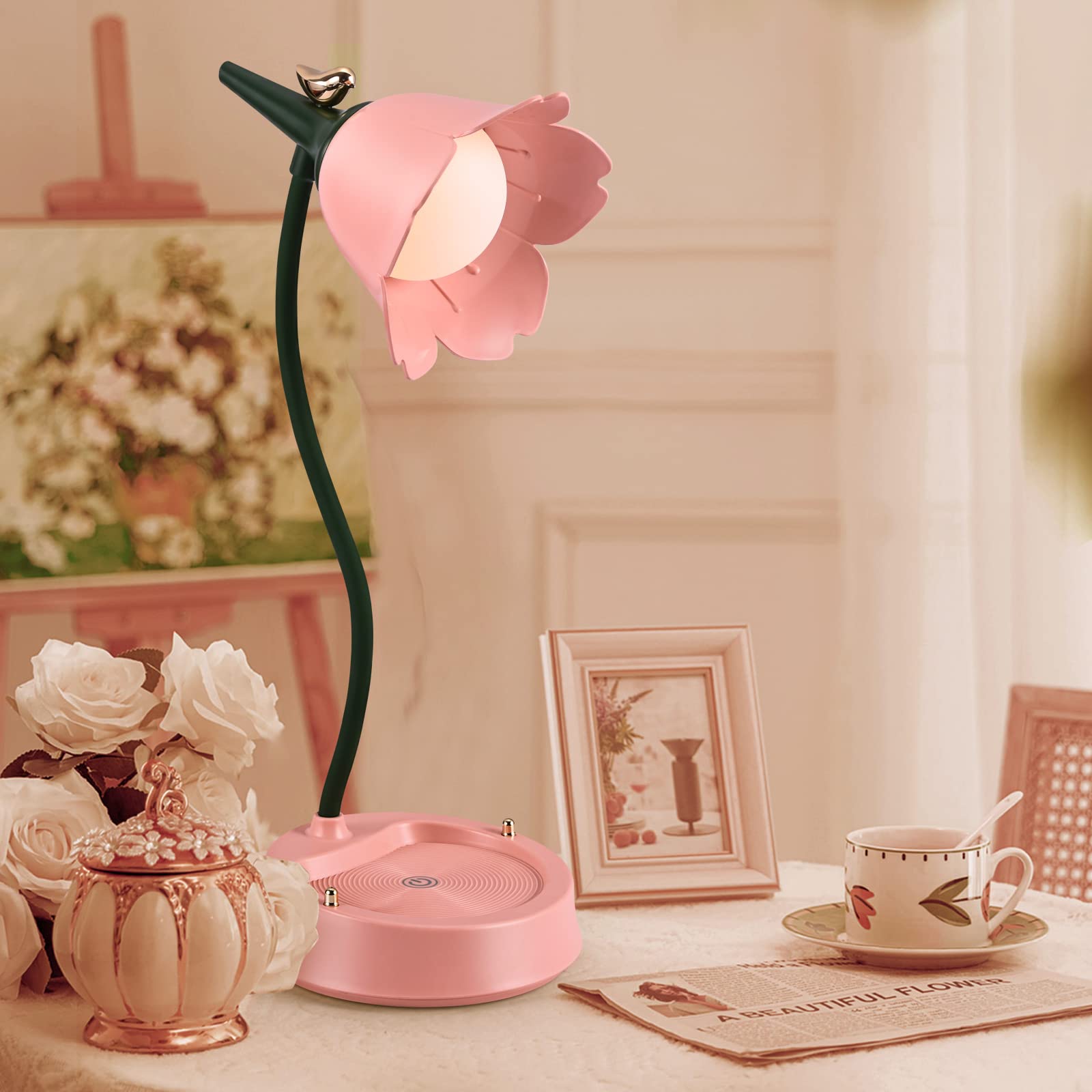 LED Flower Desk Lamp, USB Rechargeable Eye Protection Night Light Dormitory Lighting Reading Lamp, Touch Dimmable Reading Table lamp Adjustable Gooseneck Night Light for College Dorm Bedroom(Pink) - Image 2