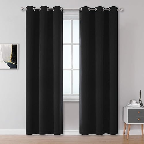 DUALIFE Black Blackout Curtain for Living Room 84 Inch Length Solid Energy Efficient Room Darkening Bedroom Curtains Panels/Drapes Thermal Insulated Grommet Top 42x84 Inches Long Set of 2 Panels