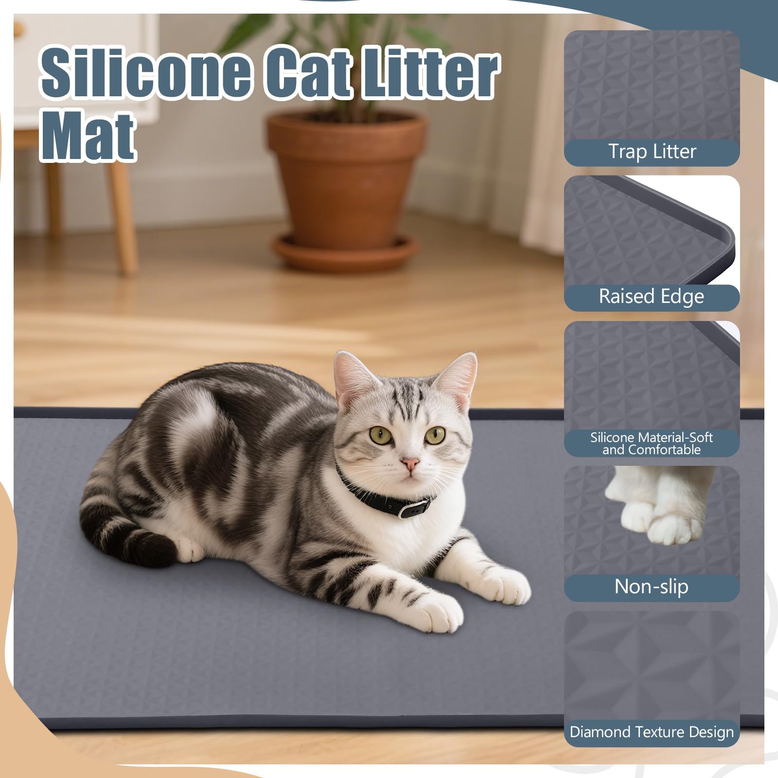Breling Silikon-Katzenstreu-Matte, extra groß, 130 x 65 cm, wasserdichte Katzenstreu-Matte zur Streukontrolle, leicht zu reinigen und weich auf den Katzenpfoten, rutschfeste Unterlage, um den Boden