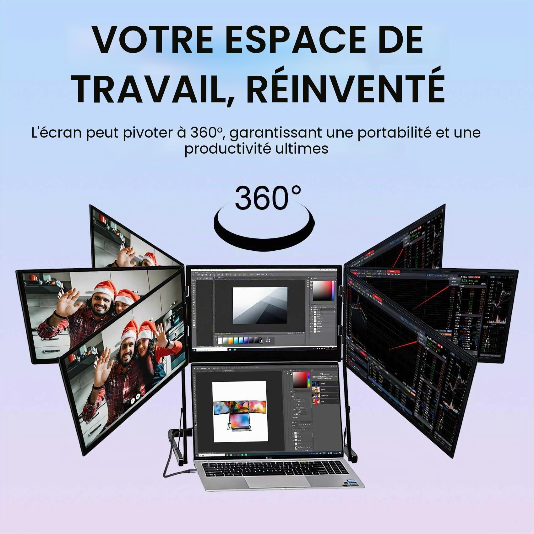 VSDISPLAY 15,6" 1080P Extension d'écran Triple pour Ordinateur Portable | FHD IPS Quad Monitor pour Windows/Mac de 13,6 à 17 Pouces,Support stable , alliage d'aluminium, interface USB-C et H/D