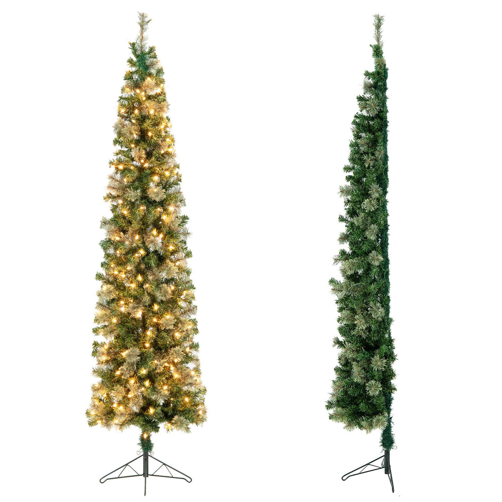 RELAX4LIFE Mezzo Albero di Natale da Parete 210 CM con Luci LED Incorporate, Rami Foglie Realistico in PVC, Base Pieghevole in Metallo, e Aghi di Pino (Modello 2)