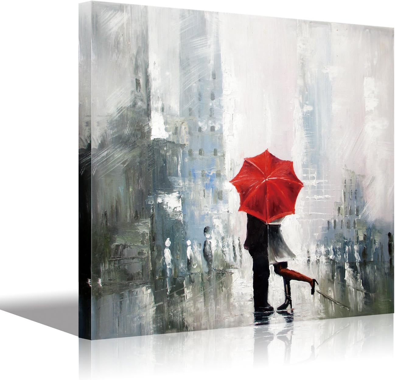 Vertical Stretched Canvas Abstract Art Lovers kissing in The Rain with Red Umbrellas Artwork Painting Print Picture for Home Bedroom Modern Framed Artwork Decor 12x16 inch(30x40cm) 1pc
