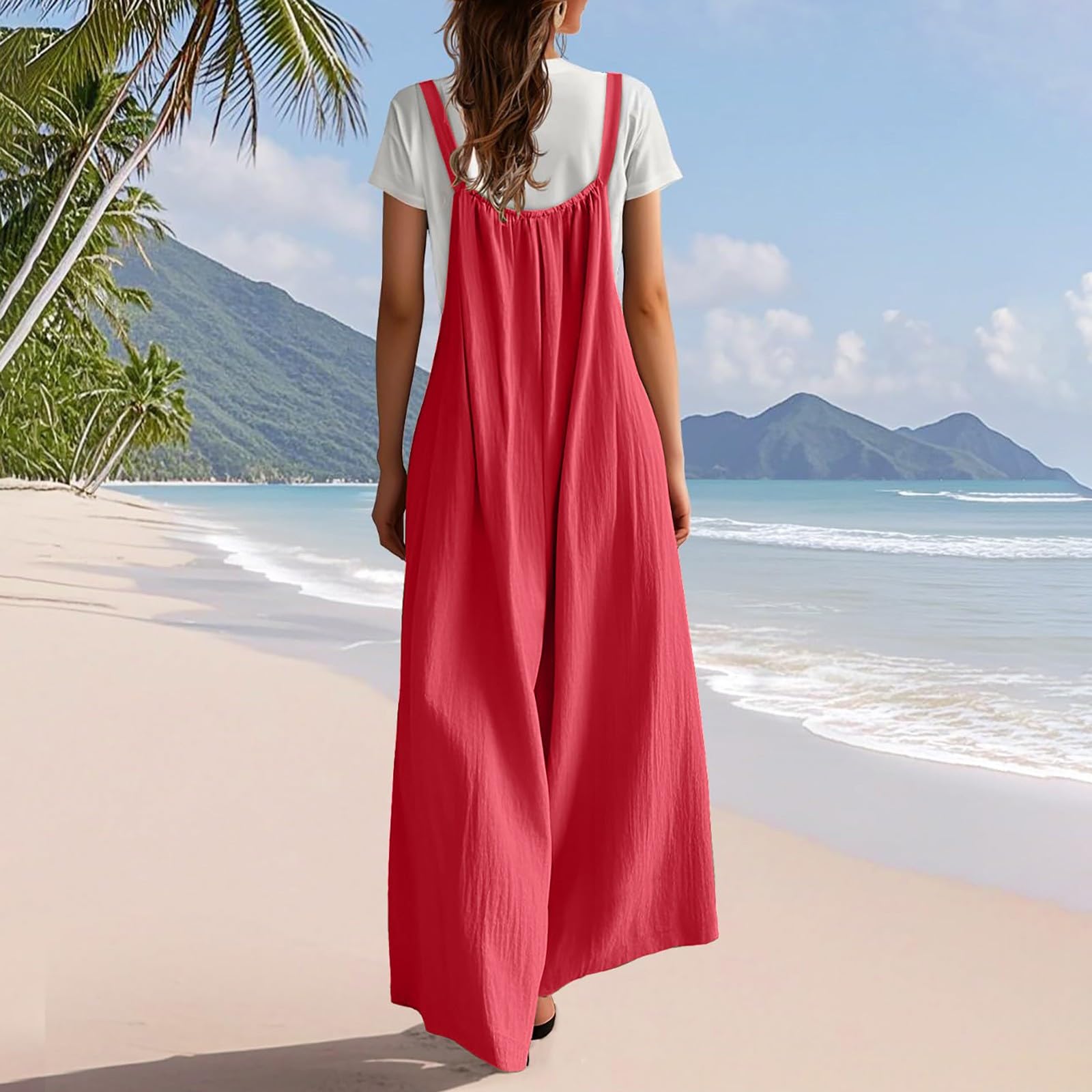 Salopette da donna lunga a gamba larga, in mussola di lino, leggera | Tuta, traspirante, tinta unita, bohémien, con bretelle, pantaloni in tessuto, con tasche, pagliaccetto, per spiaggia, vacanze