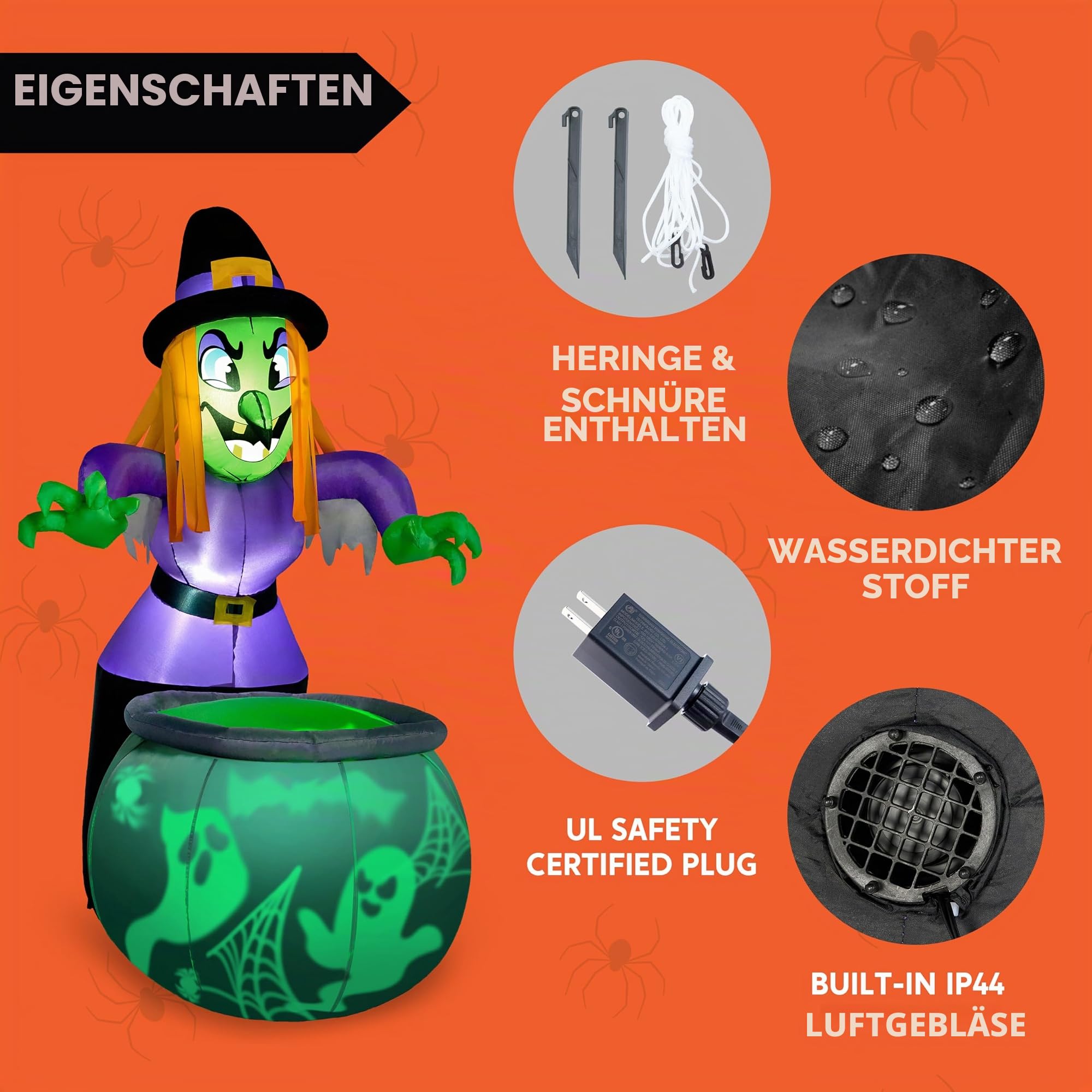 Joiedomi 6 Fuß große aufblasbare Hexe und Kessel-Dekoration für Halloween mit projizierendem rotierendem grünem Geisterlicht, aufblasbare Gartendekoration mit eingebauten LEDs für Halloween-Partys