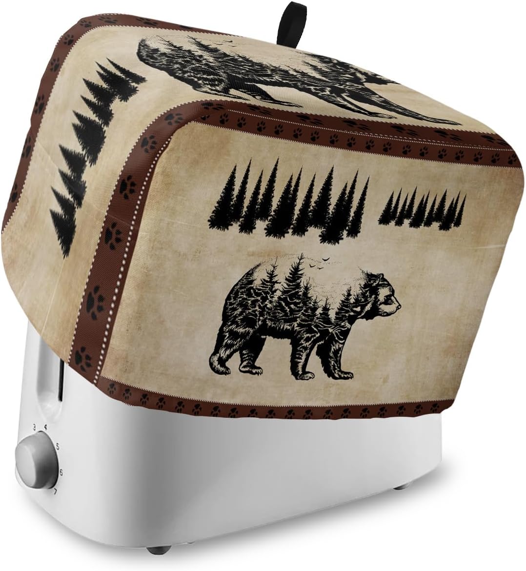 Toaster Covers 4 Slice Slot Vintage Black Bear Pine Tree Silhouettes Bread Machine Oven Cover Retro Rustic Kitchen Fingerprint Protection Bakeware Protector Large