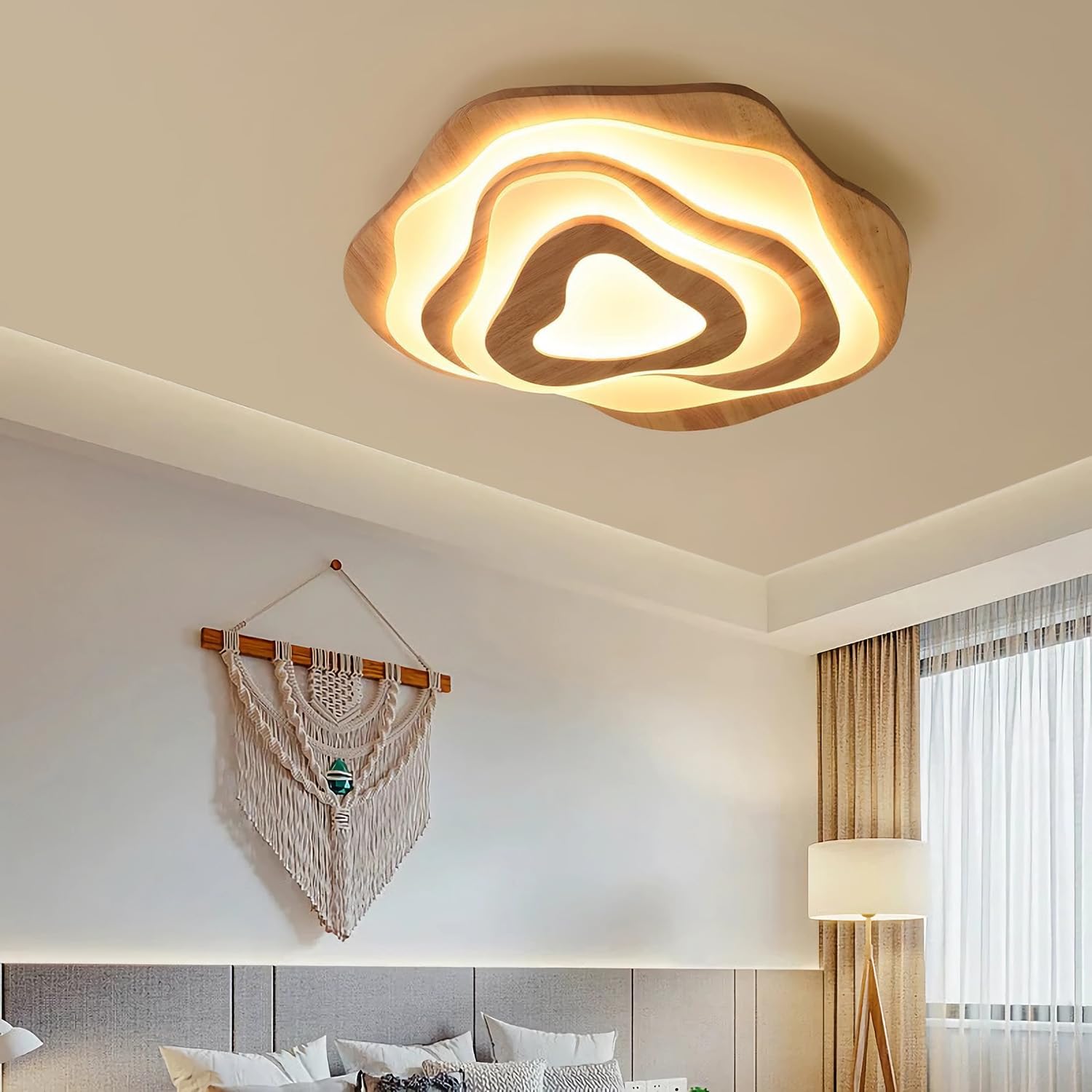 LED Deckenlampe Holz Dimmbar Wohnzimmer Deckenlampe mit Fernbedienung, 60cm | 50W Wohnzimmerlampe Schlafzimmerlampe aus Holz+Acryl, Mit Nachtlicht Memory-Funktion Holzlampe , für Esszimmer, Kinderzimmer