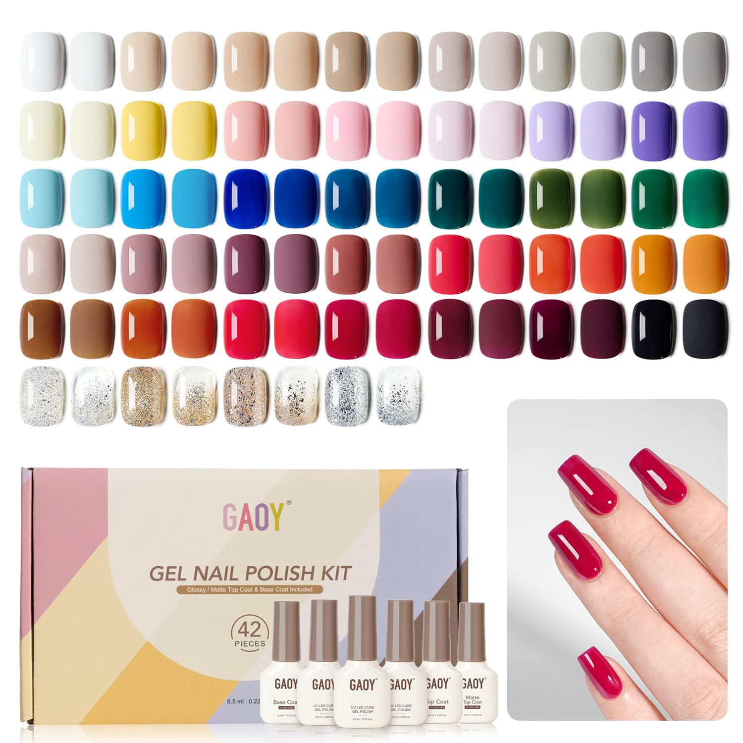 GAOY 42 Pcs Gel Nail Polish Kit, Nude Green Red Glitter Colors All Seasons Gel Nail Polish Set with Glossy & Matte Top Coat and Base Coat for Salon and DIY Manicure at Home