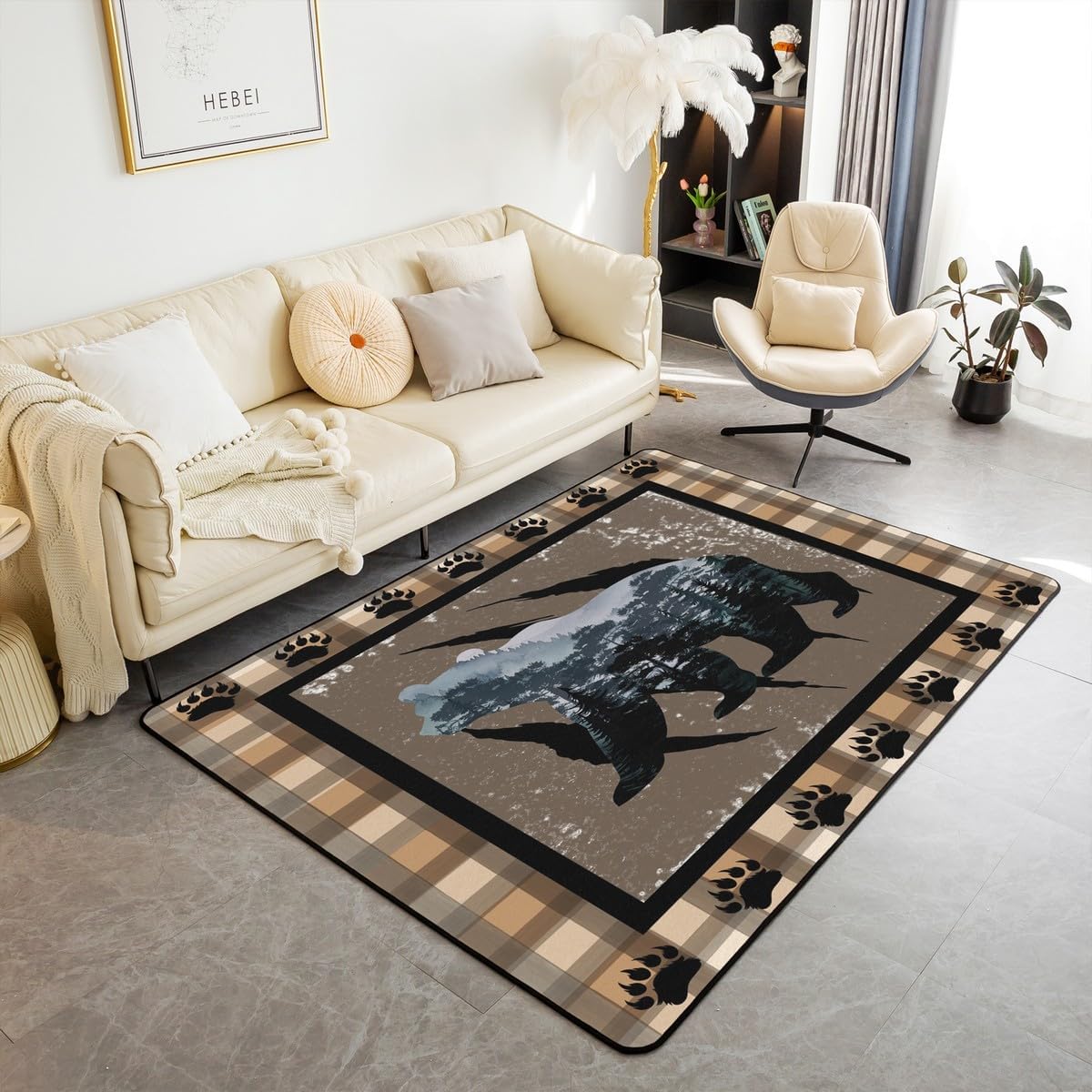 Erosebridal Bear Area Rug 5x7 for Bedroom,Wild Animal Footprints Carpet for Living Room,Pine Trees Indoor Floor Mat,Brown Buffalo Plaid Decorative Rug